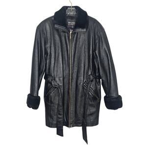 Wilsons Vintage Black Leather Trench Coat Faux Fur Trim Tie Waist Pockets L